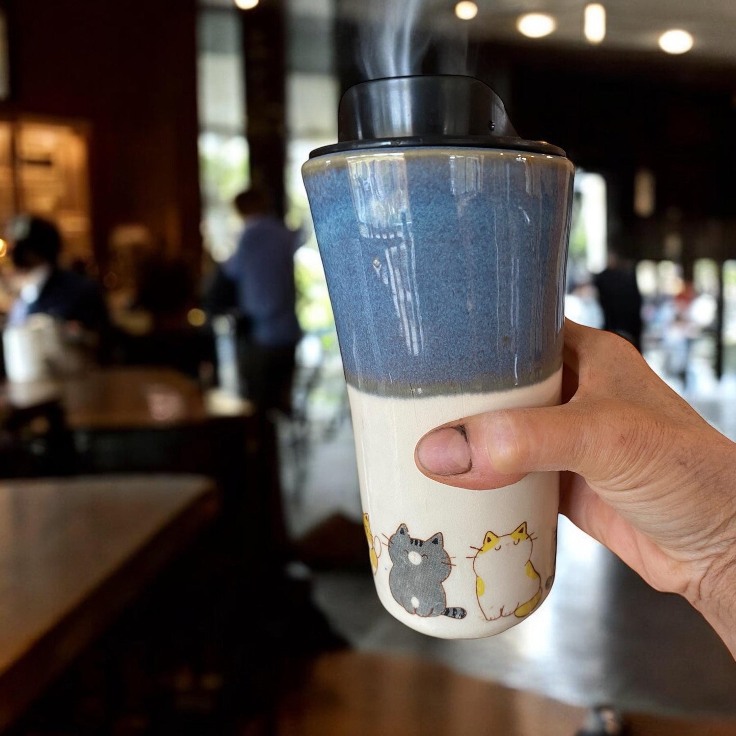 Handmade Travel Mug Embellished with Silly Cats - To Go Travel Coffee Cup