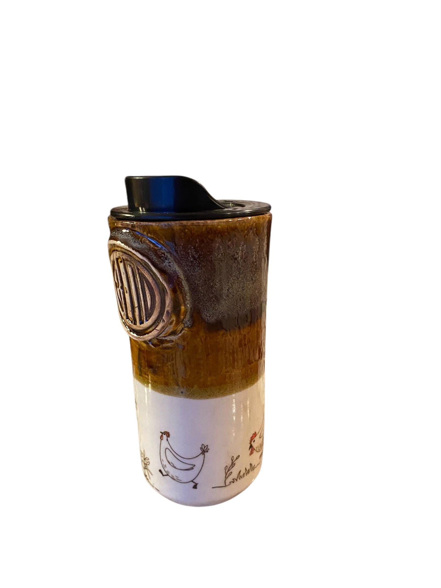 Handmade16 - Ounce Travel Mug With Bend Logo and Playful Chickens - Travel Mug - Pottery Mug - Coffee Mug