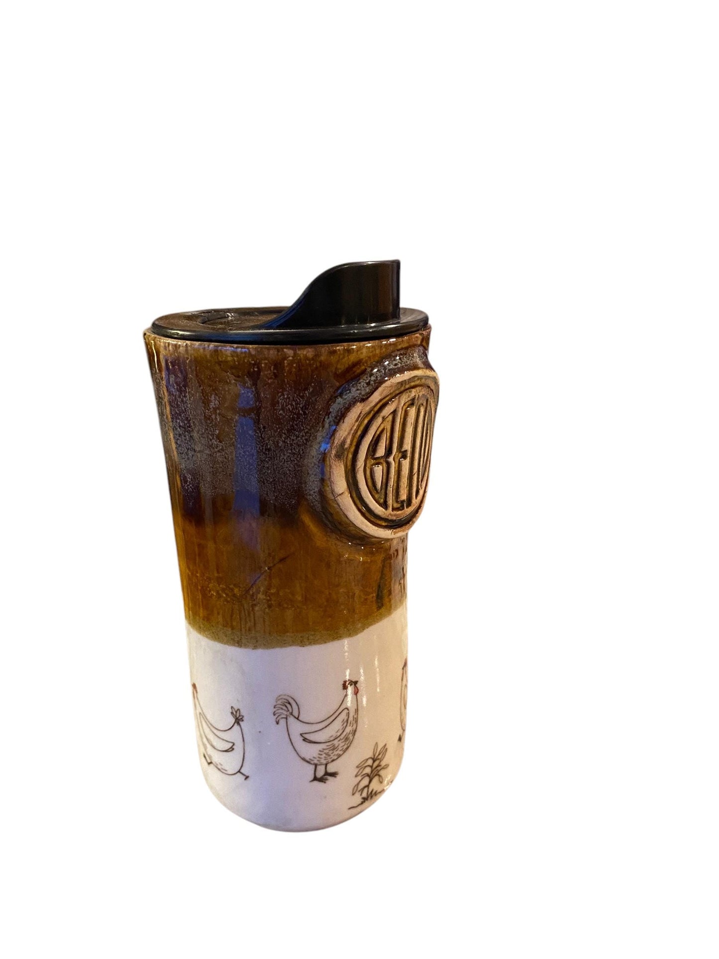 Handmade16 - Ounce Travel Mug With Bend Logo and Playful Chickens - Travel Mug - Pottery Mug - Coffee Mug