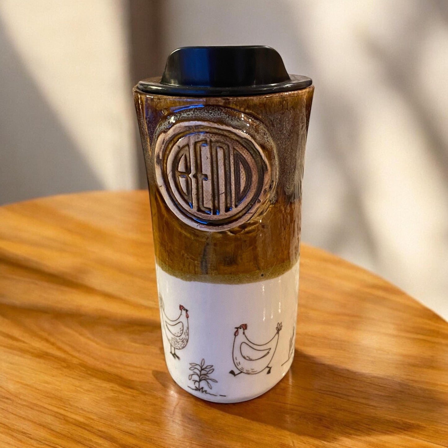 Handmade16 - Ounce Travel Mug With Bend Logo and Playful Chickens - Travel Mug - Pottery Mug - Coffee Mug