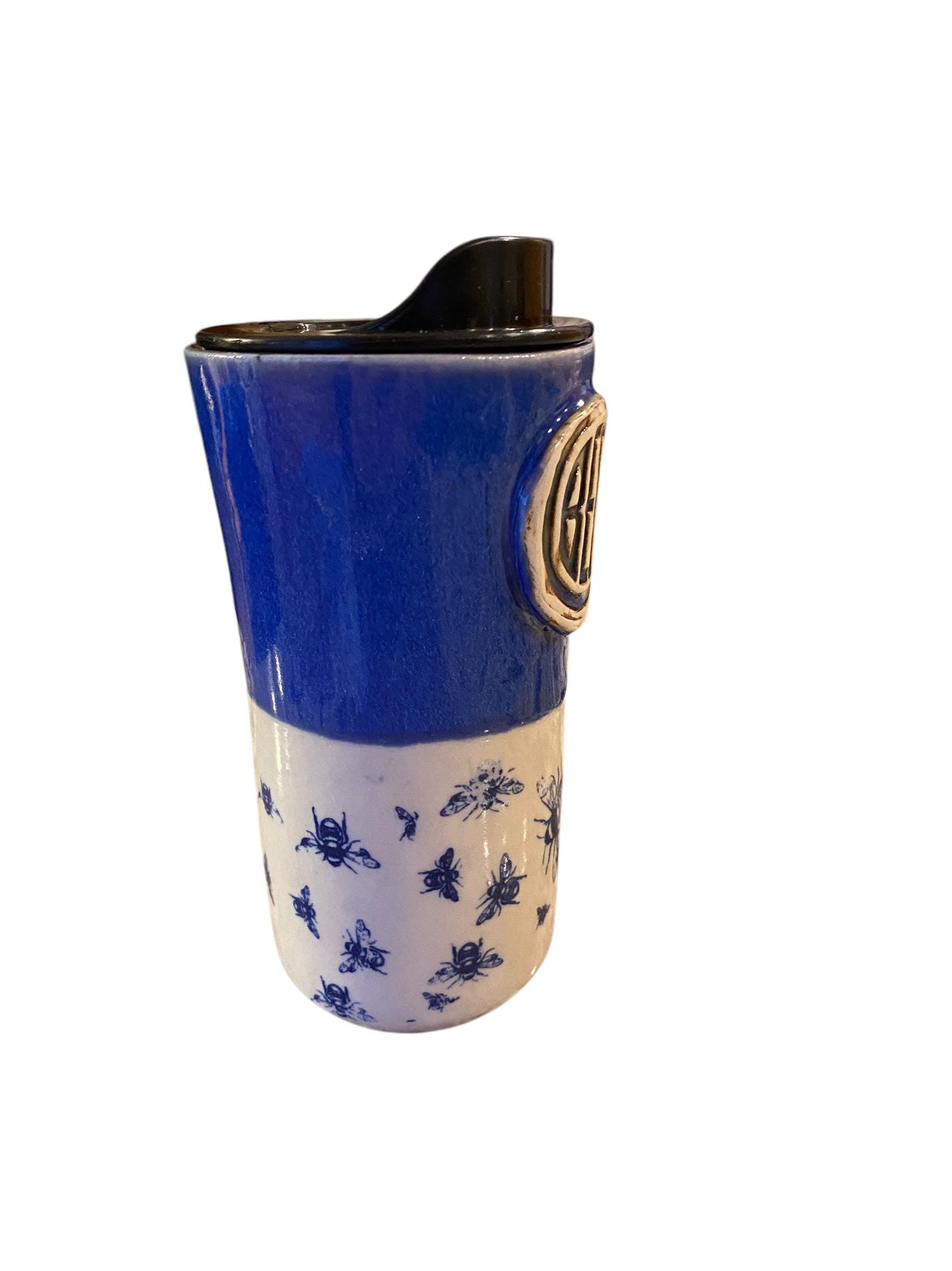 Handmade16 - Ounce Travel Mug With Bend Logo and Bees - Travel Mug - Pottery Mug - Coffee Mug