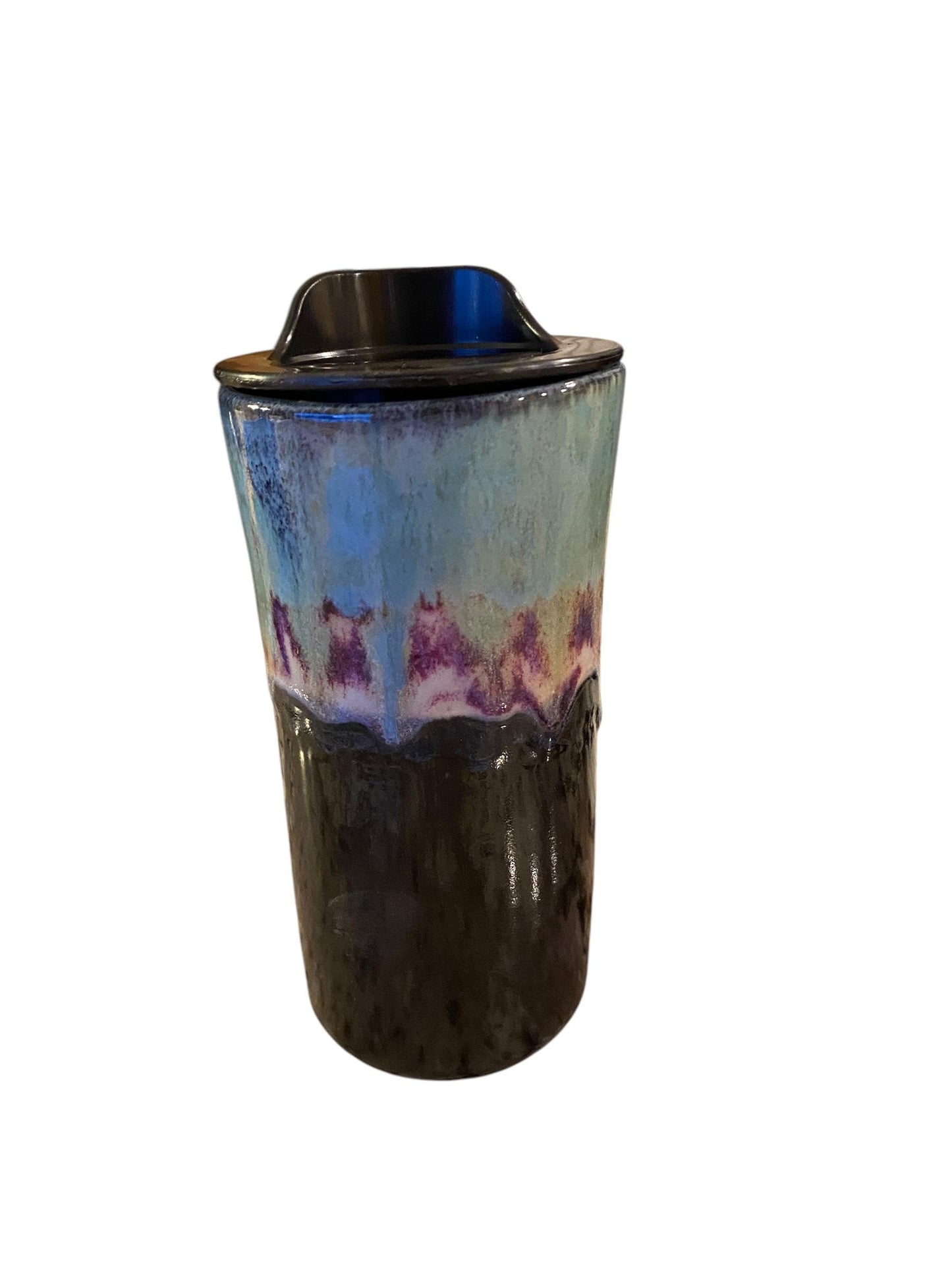 Handmade 16-Ounce Waterfall Turquoise and Purple Travel Mug - To Go Mug With Locking Lid