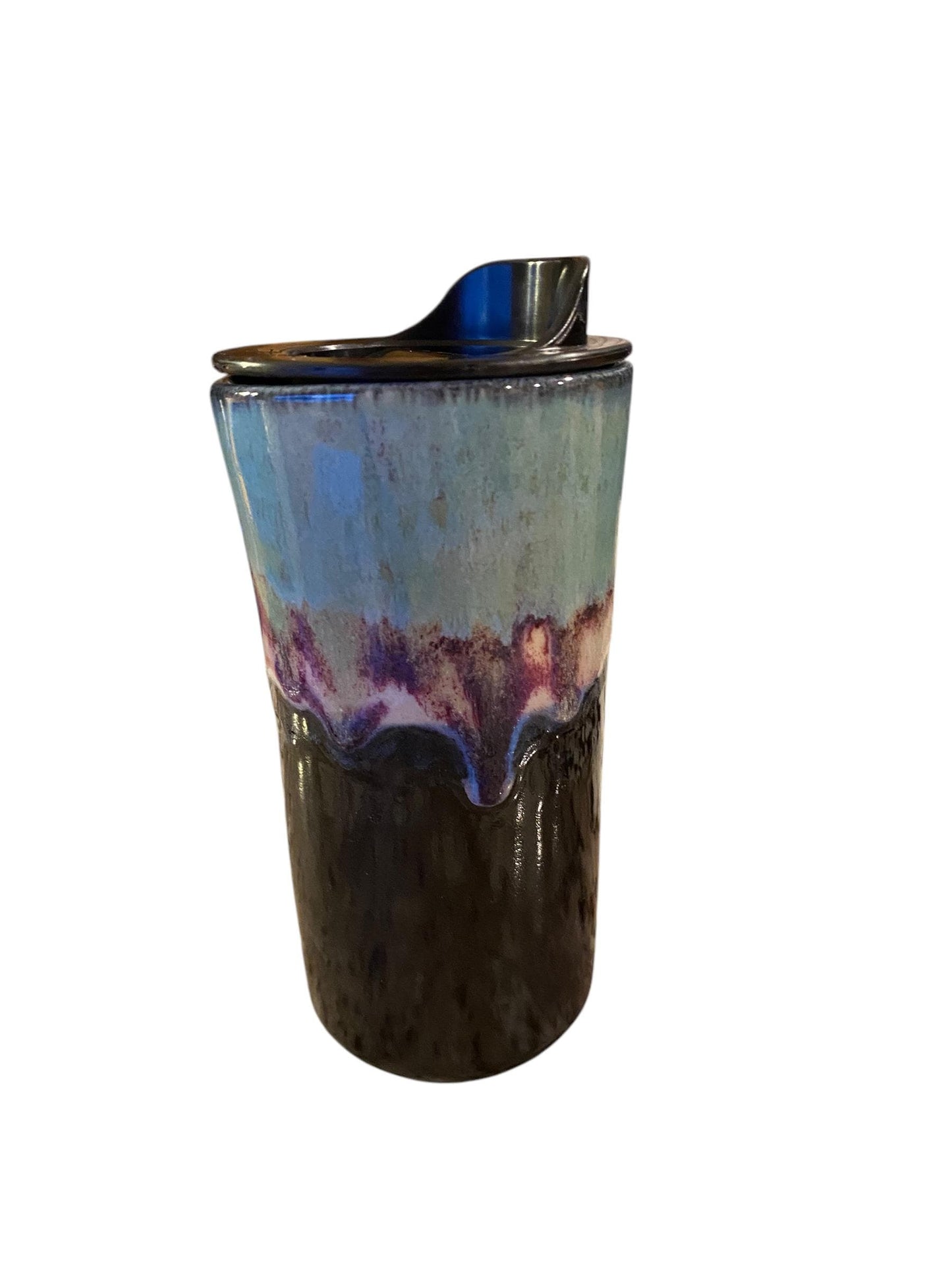 Handmade 16-Ounce Waterfall Turquoise and Purple Travel Mug - To Go Mug With Locking Lid