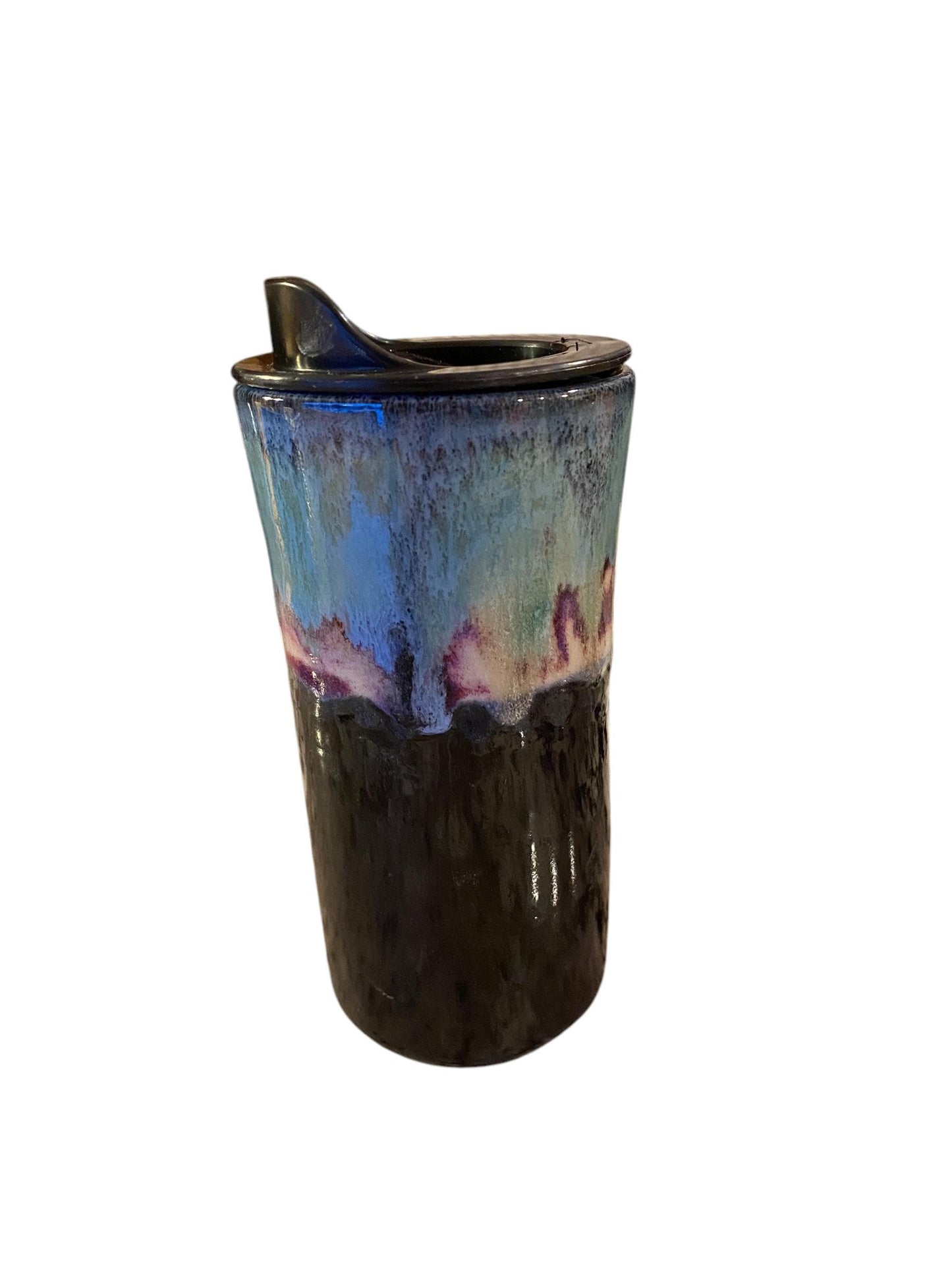 Handmade 16-Ounce Waterfall Turquoise and Purple Travel Mug - To Go Mug With Locking Lid