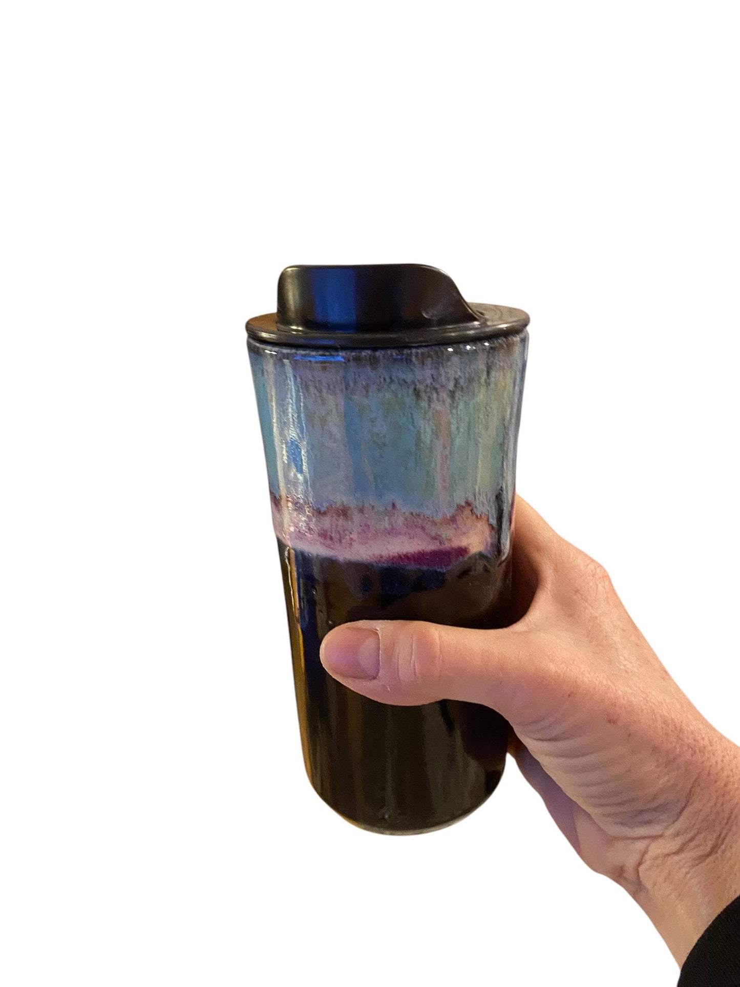 Handmade 16-Ounce Waterfall Turquoise and Purple Travel Mug - To Go Mug With Locking Lid