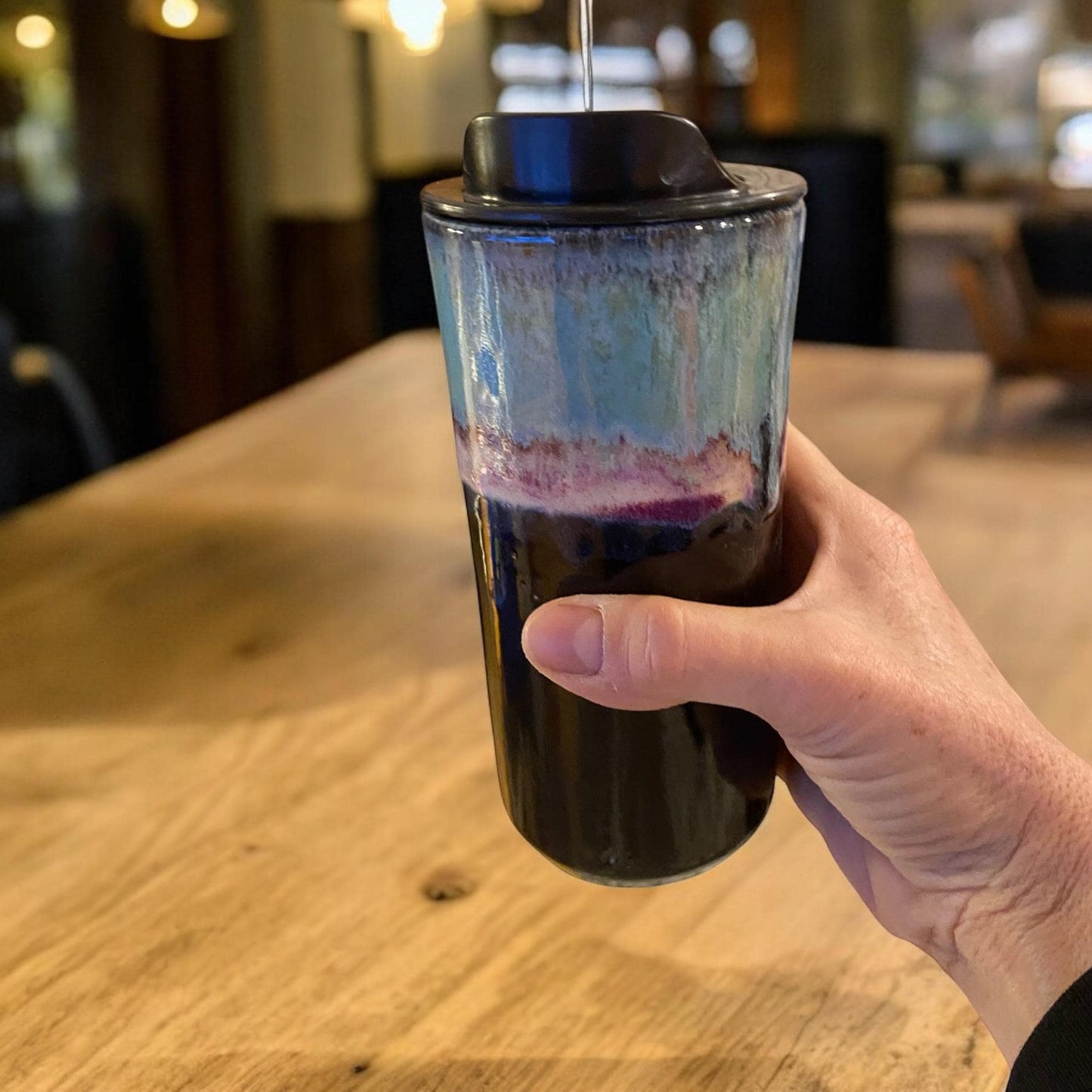 Handmade 16-Ounce Waterfall Turquoise and Purple Travel Mug - To Go Mug With Locking Lid