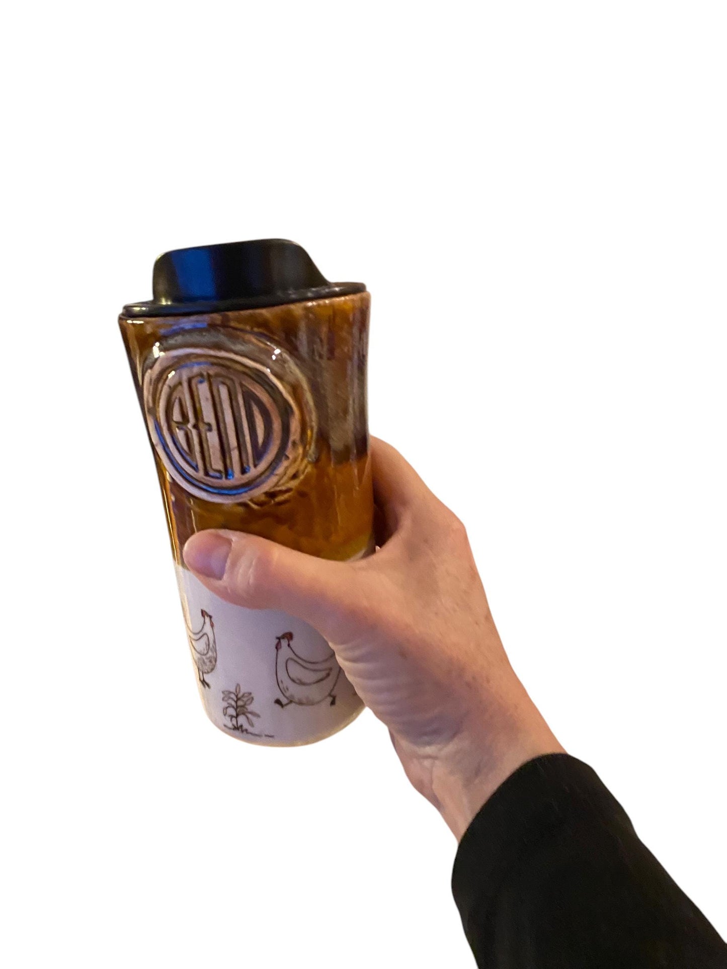 Handmade16 - Ounce Travel Mug With Bend Logo and Playful Chickens - Travel Mug - Pottery Mug - Coffee Mug