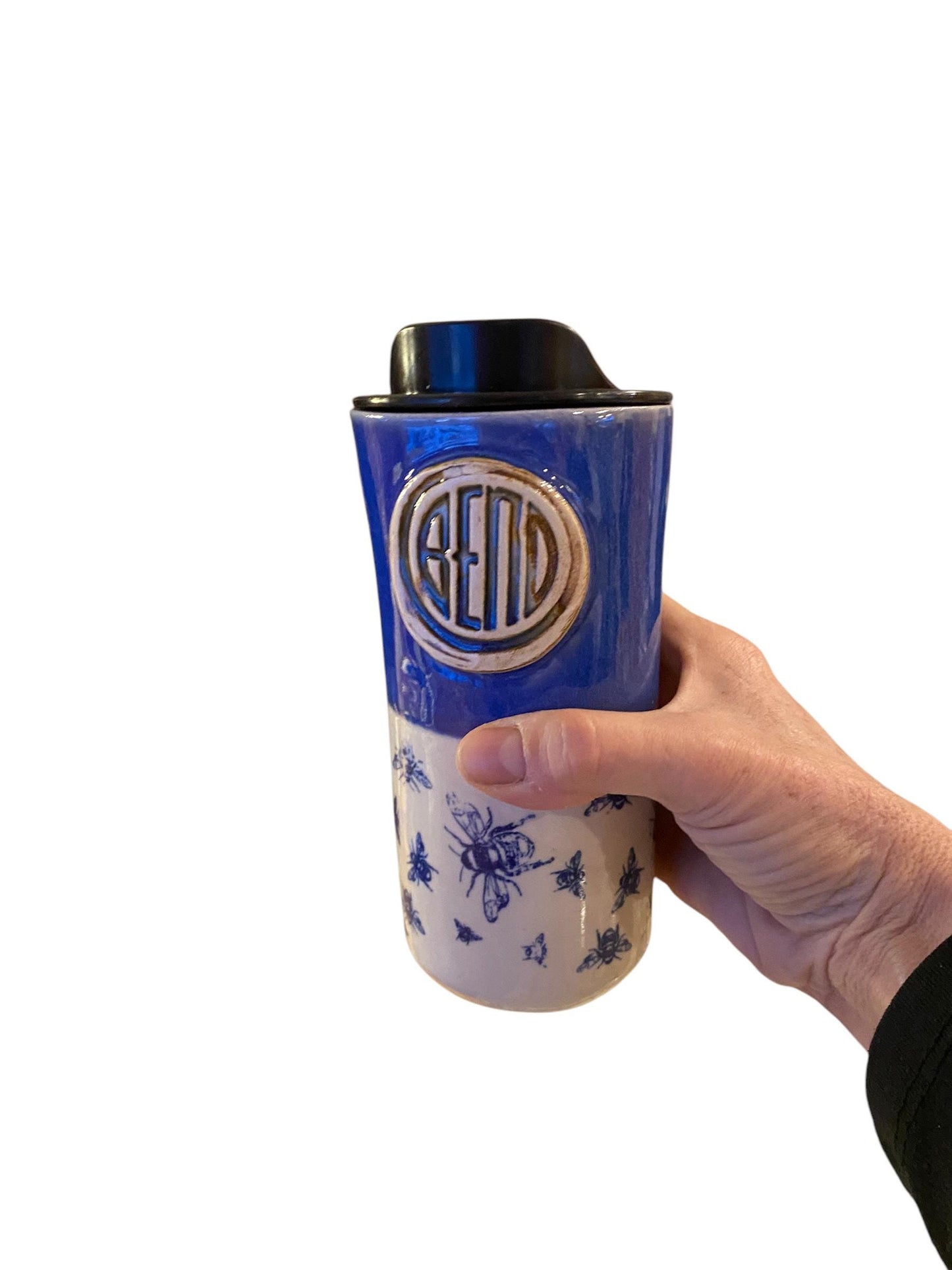 Handmade16 - Ounce Travel Mug With Bend Logo and Bees - Travel Mug - Pottery Mug - Coffee Mug