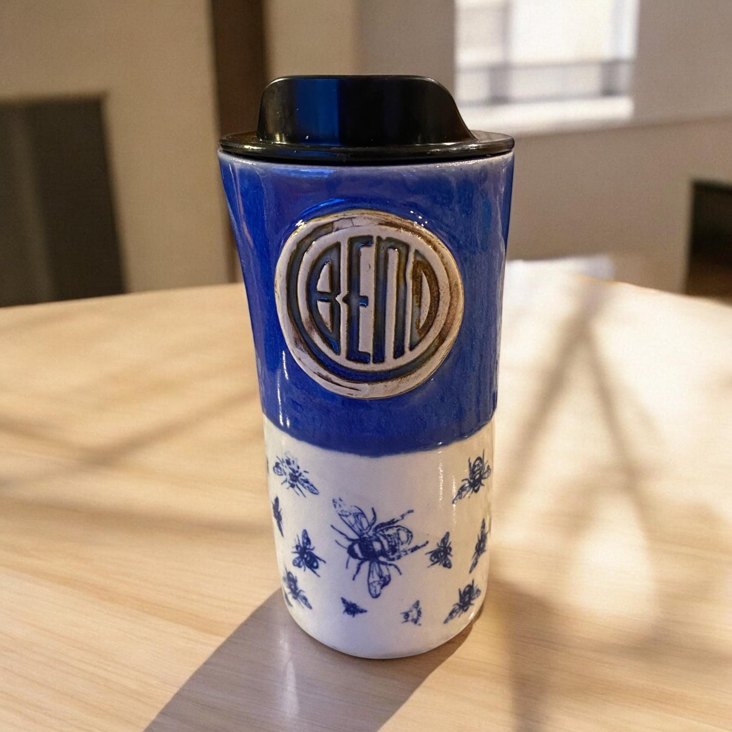 Handmade16 - Ounce Travel Mug With Bend Logo and Bees - Travel Mug - Pottery Mug - Coffee Mug