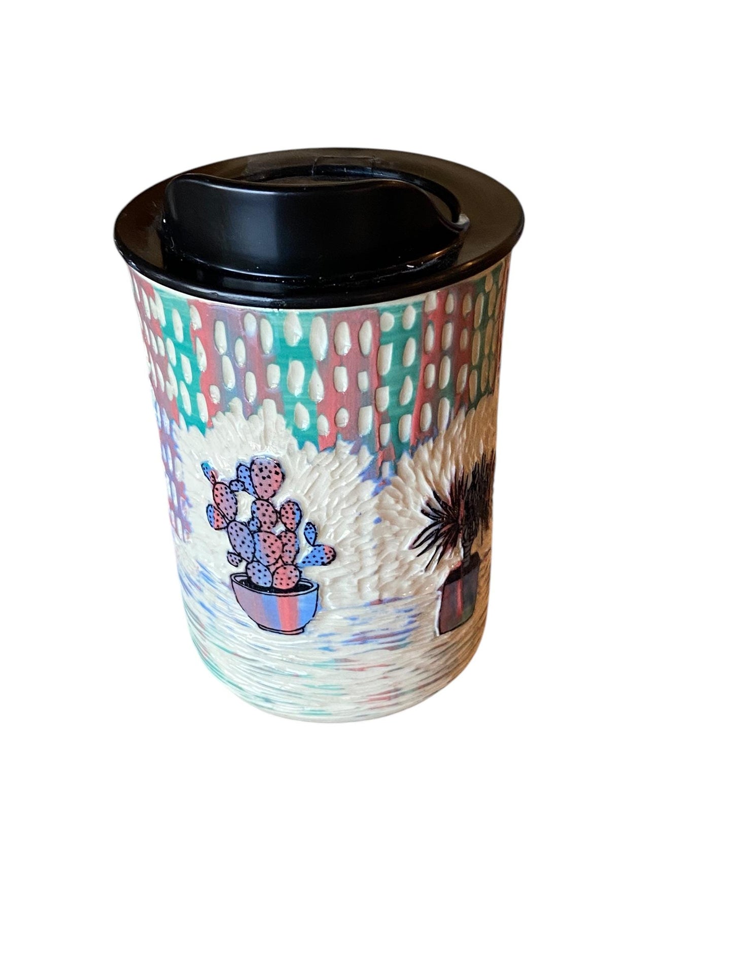 Handmade 8 Ounce Carved Cactus Themed Travel Mug - Porcelain -  Travel Coffee Cup -  Travel Mug - Pottery Mug - Coffee Mug