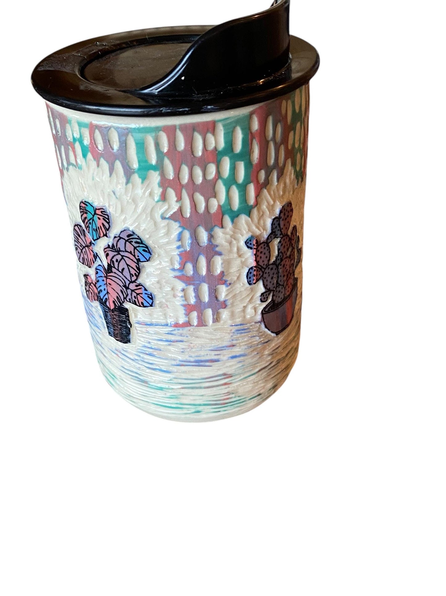 Handmade 8 Ounce Carved Cactus Themed Travel Mug - Porcelain -  Travel Coffee Cup -  Travel Mug - Pottery Mug - Coffee Mug