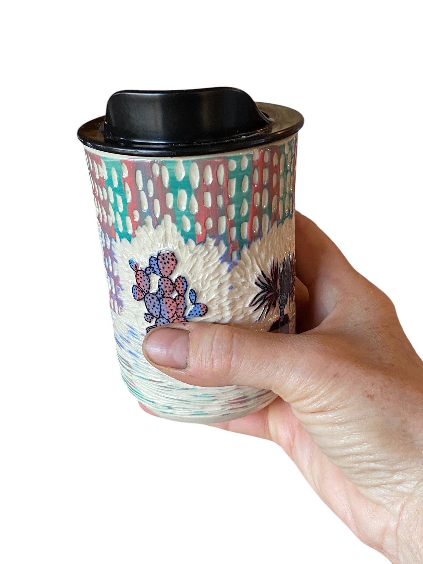 Handmade 8 Ounce Carved Cactus Themed Travel Mug - Porcelain -  Travel Coffee Cup -  Travel Mug - Pottery Mug - Coffee Mug