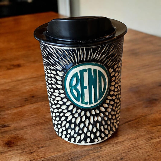 Handmade Carved Porcelain Travel Mug: Bend, Oregon Logo - 8 oz