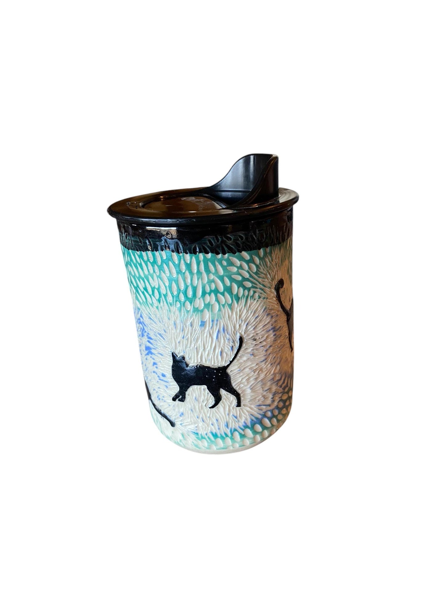 Handmade 8 Ounce Carved Cat Themed Travel Mug - Porcelain - Travel Coffee Cup - Travel Mug - Pottery Mug - Coffee Mug
