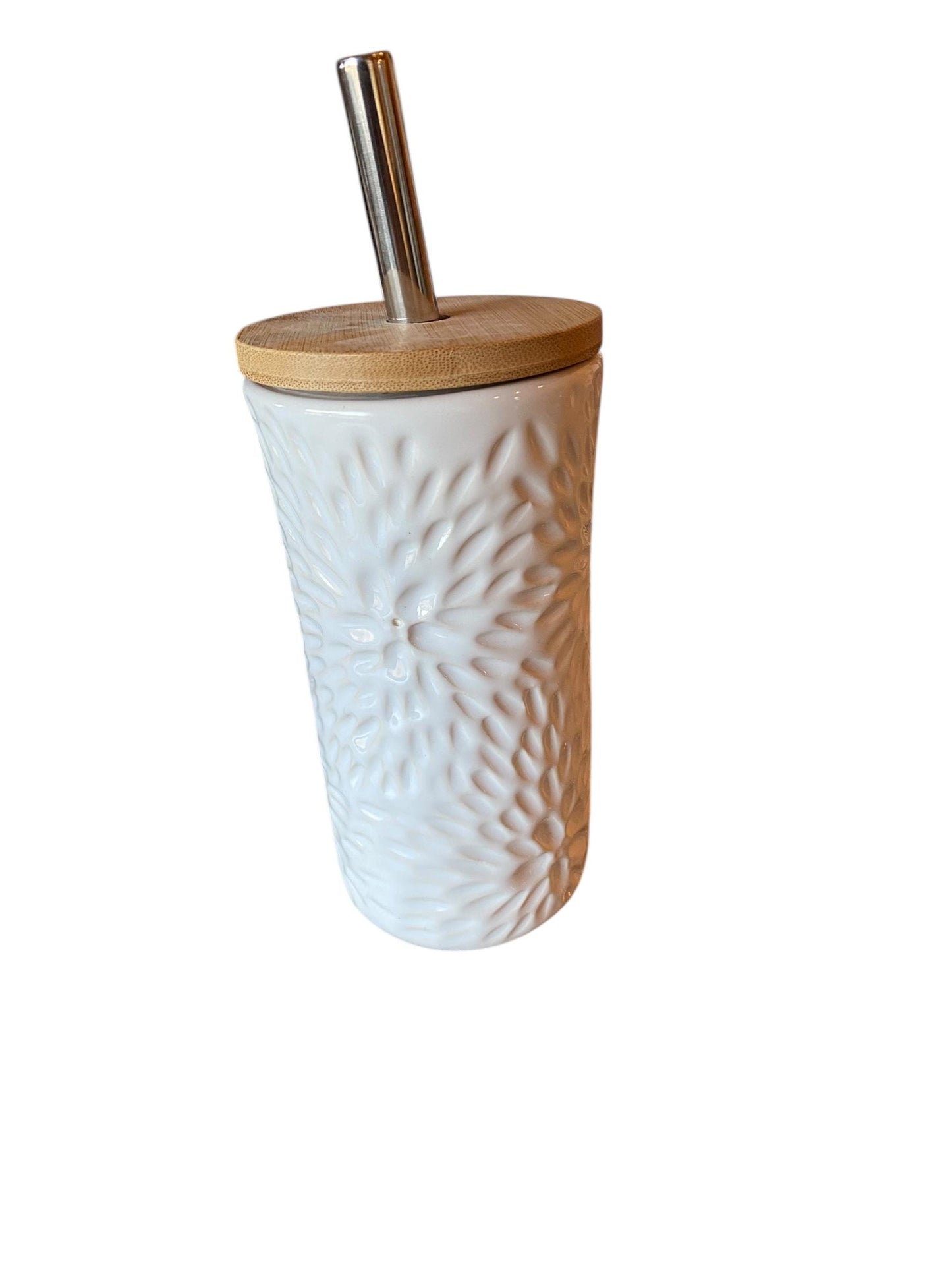 Handmade Hand Carved White Straw Travel Mug - Porcelain -  To Go Cup -  Travel Mug - Pottery Mug -  Mug