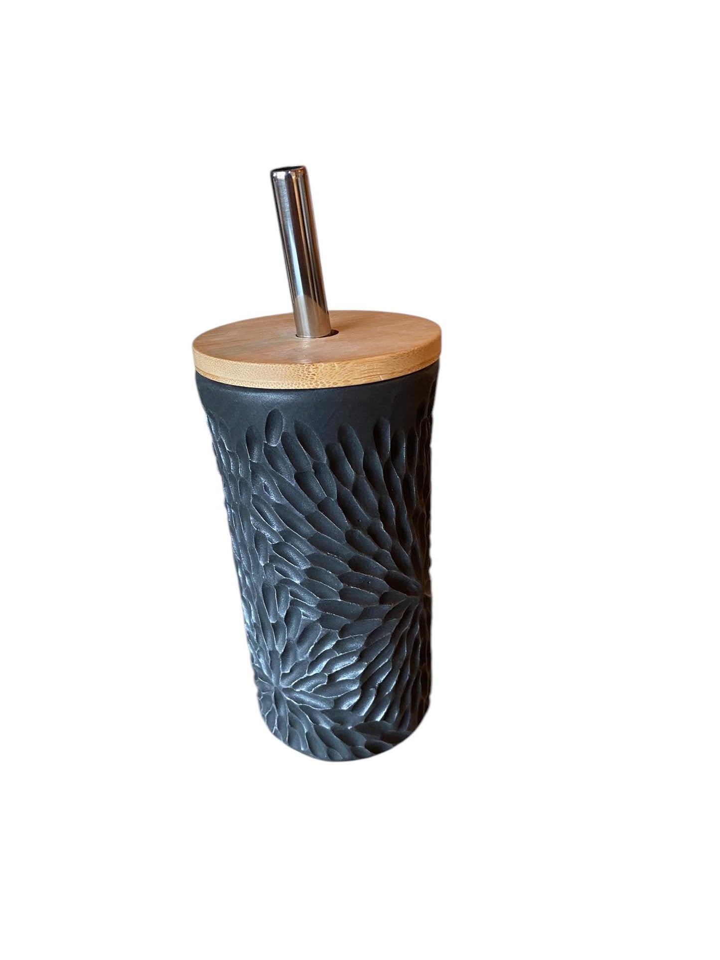 Handmade Hand Carved Black Straw Travel Mug - Porcelain -  To Go Cup -  Travel Mug - Pottery Mug -  Mug