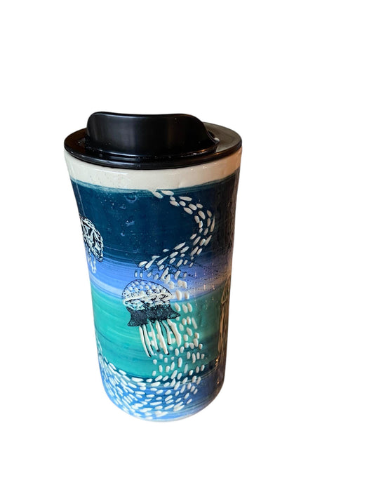 Handmade Jellyfish Porcelain Travel Mug: Blue Turquoise Coffee Cup