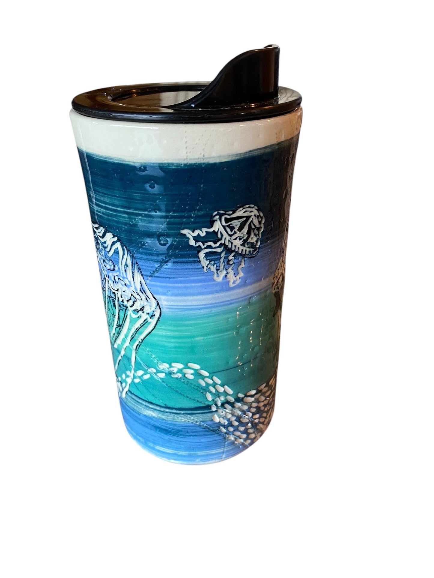 Handmade 16-Ounce Jellyfish Themed Blue and Turquoise Travel Mug - Porcelain -  Travel Coffee Cup -  Travel Mug - Pottery Mug - Coffee Mug