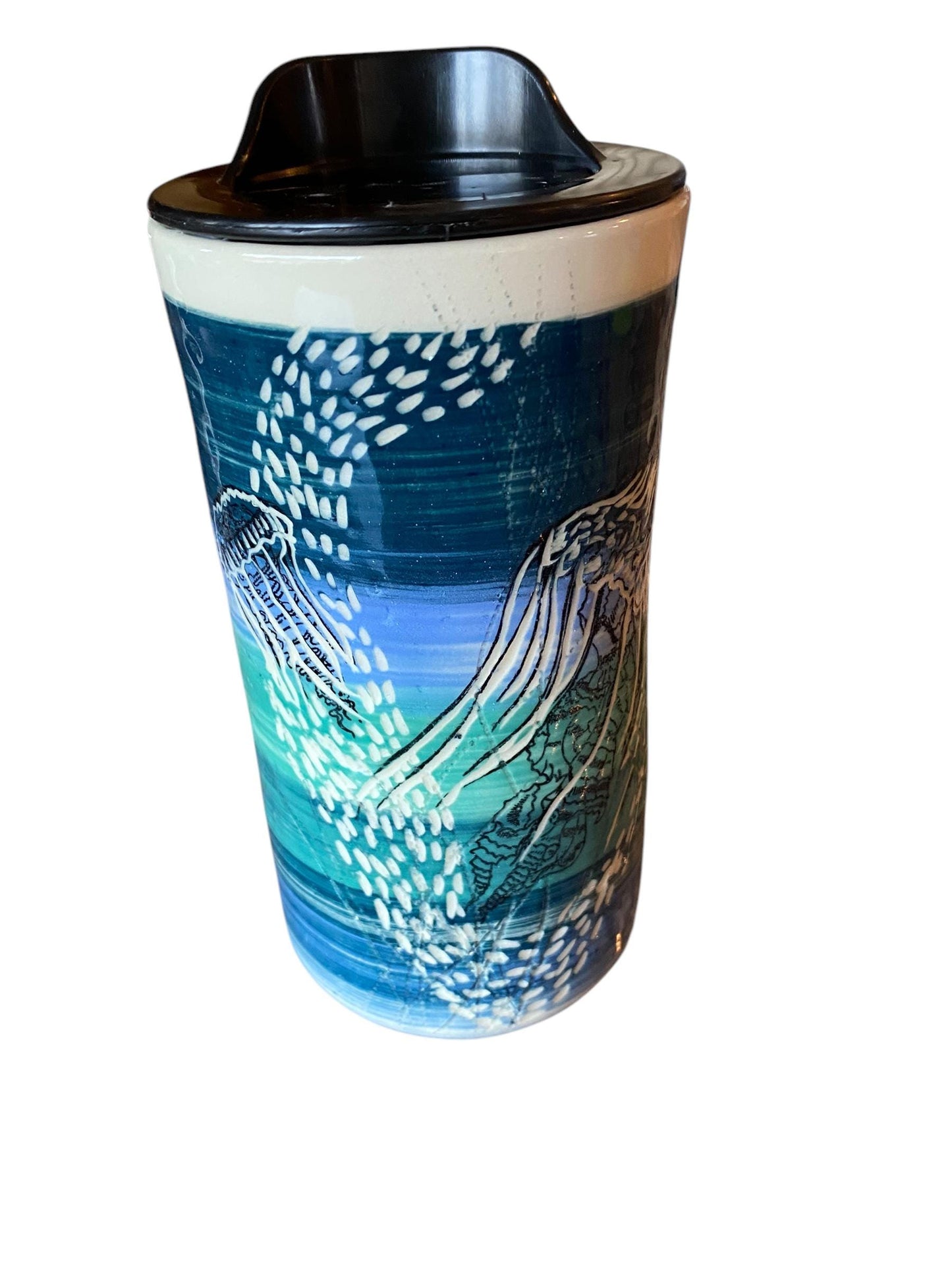 Handmade 16-Ounce Jellyfish Themed Blue and Turquoise Travel Mug - Porcelain -  Travel Coffee Cup -  Travel Mug - Pottery Mug - Coffee Mug
