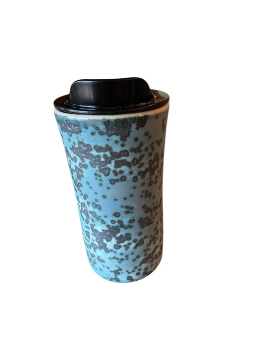 Handmade Turquoise Porcelain Travel Mug: Coffee Cup with Lid