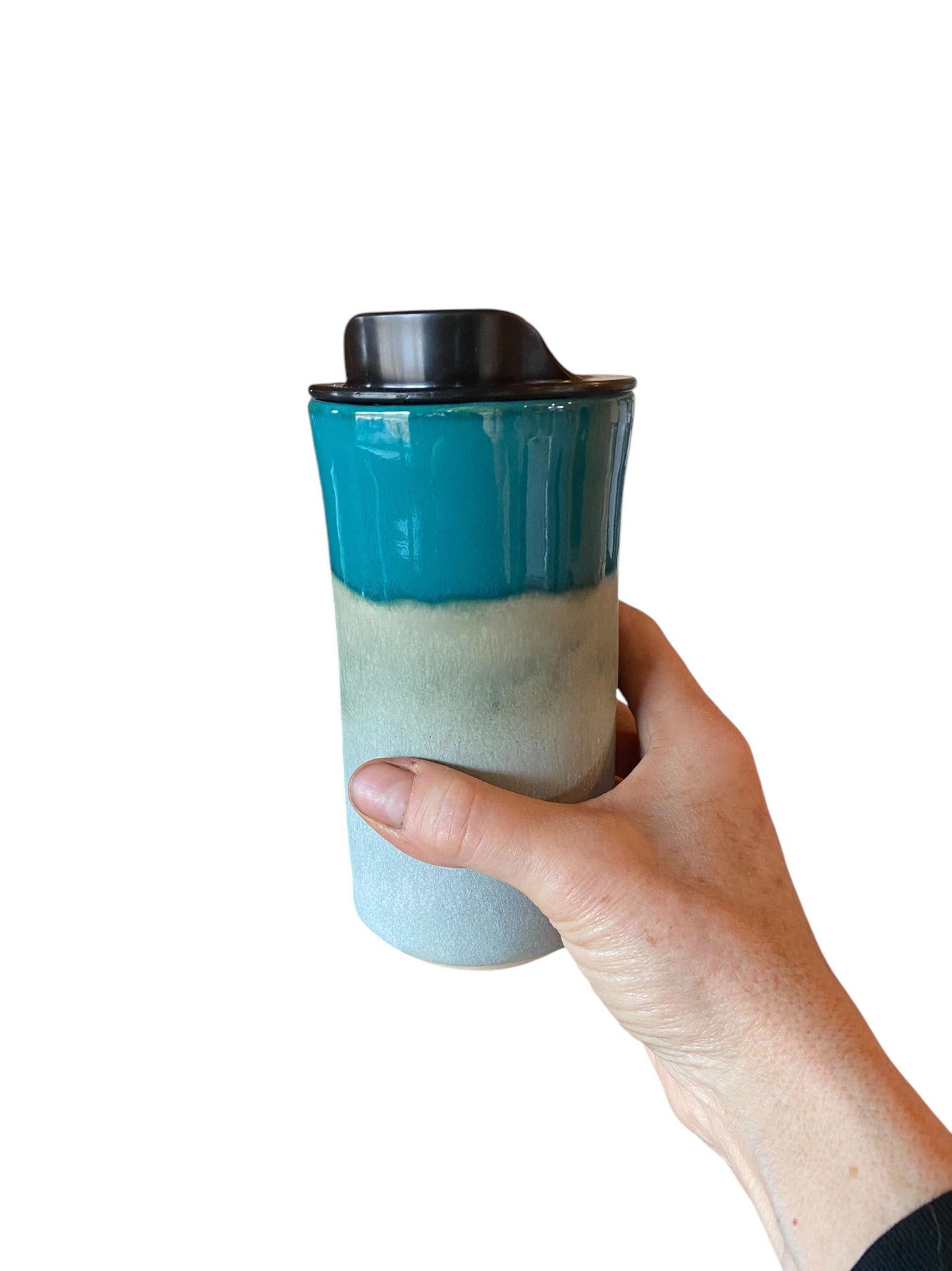 Handmade Turquoise Porcelain Travel Mug: Reactive Glaze, Coffee Cup
