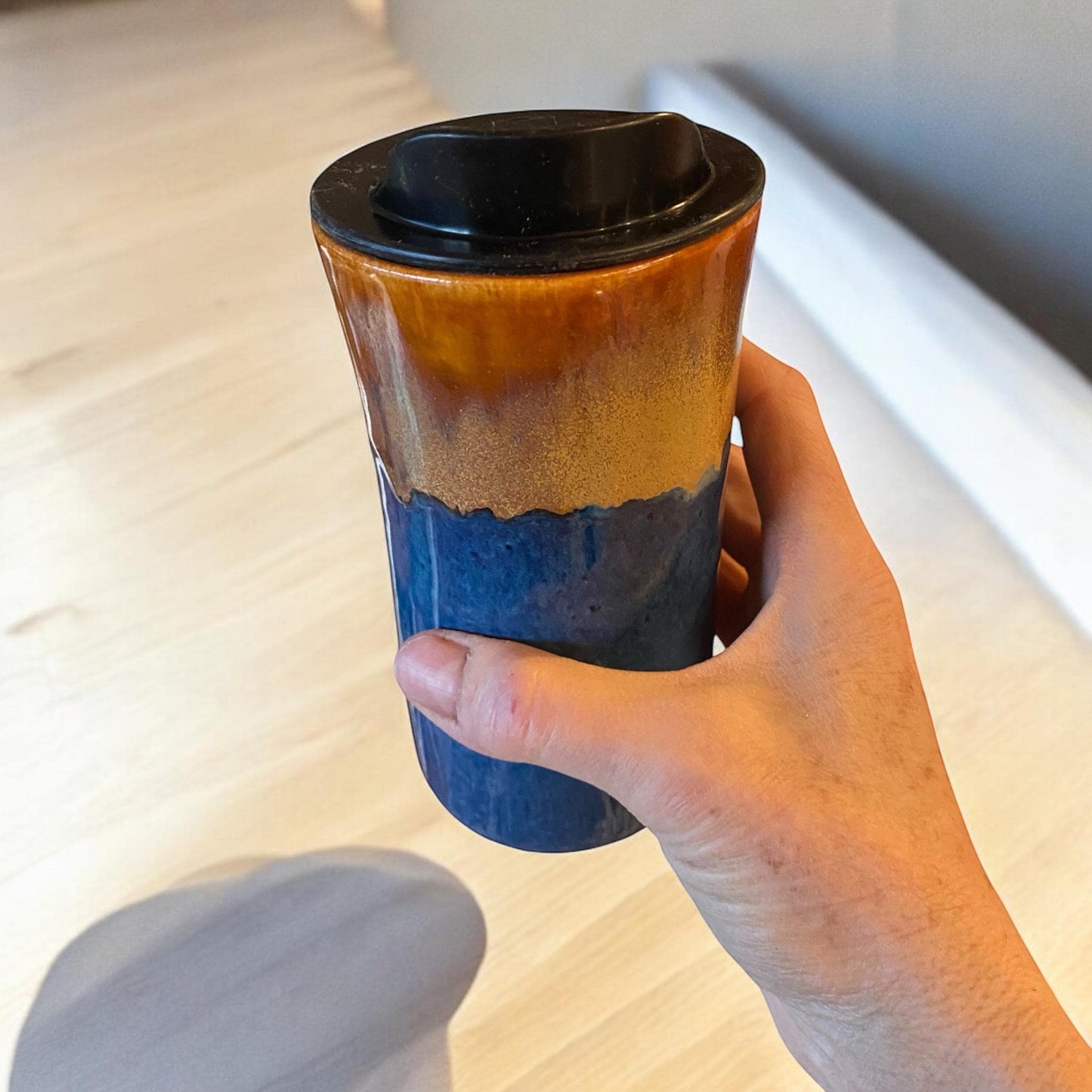 Handmade gold and blue Travel Mug - Porcelain - Travel Coffee Cup - Travel Mug - Pottery Mug - Coffee Mug