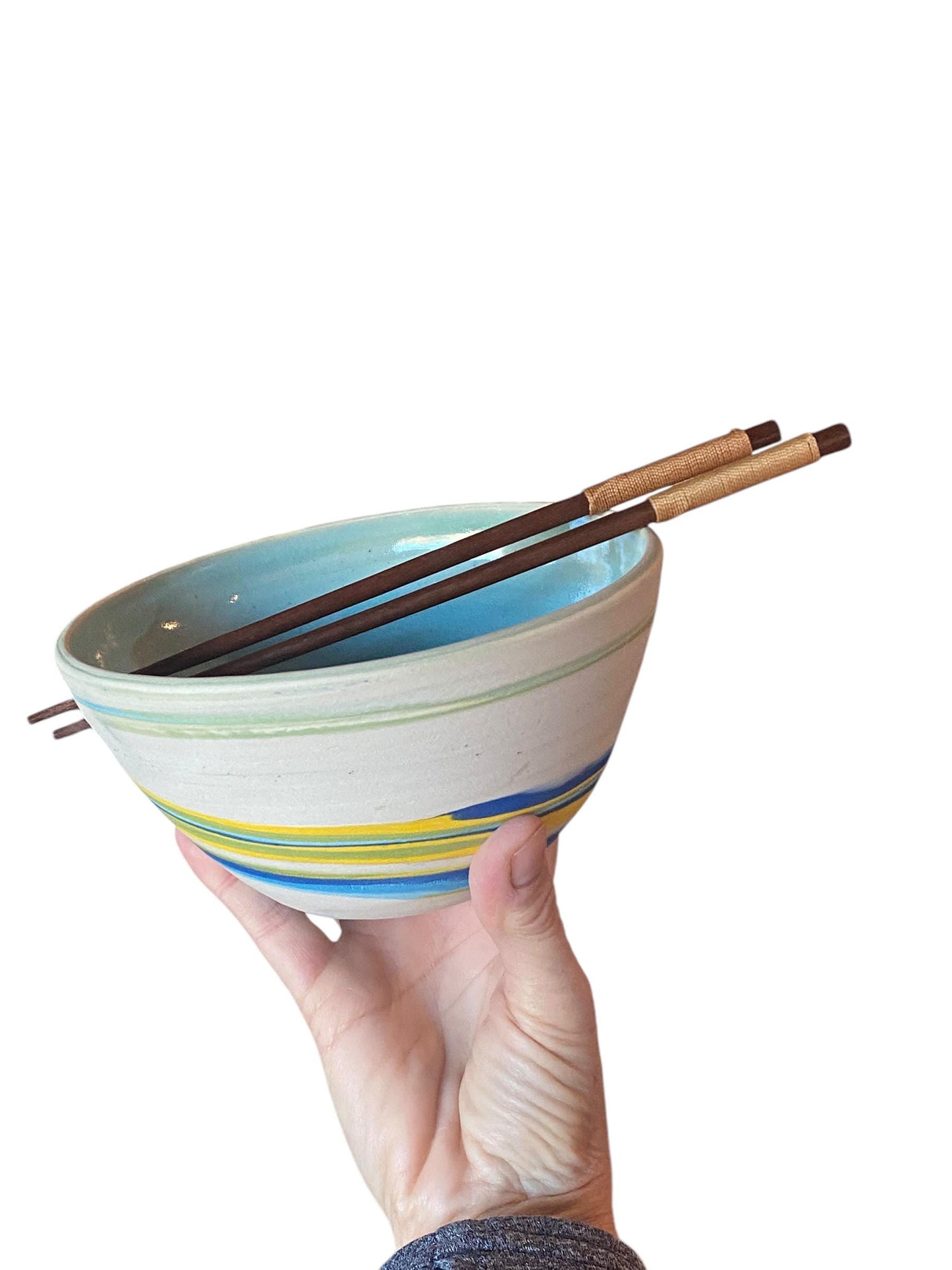 Handcrafted Agateware Ramen Bowl Set: Vibrant Stoneware Noodle Soup Dish with Chopsticks