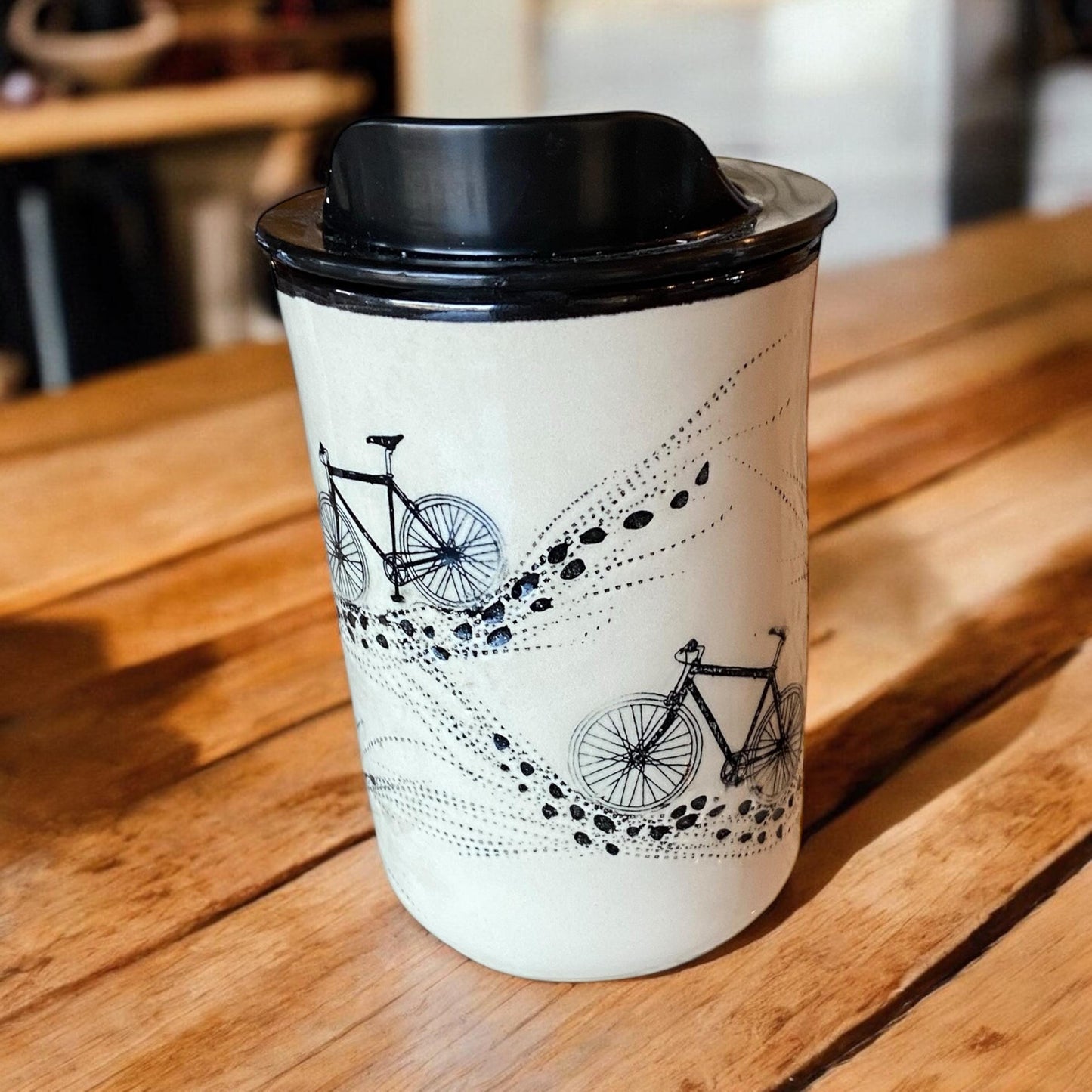 8 Ounce Handmade Carved Bike-Themed Travel Mug with Lid - Stylish and Functional Pottery for Your Commute - Unique Travel Coffee Cup
