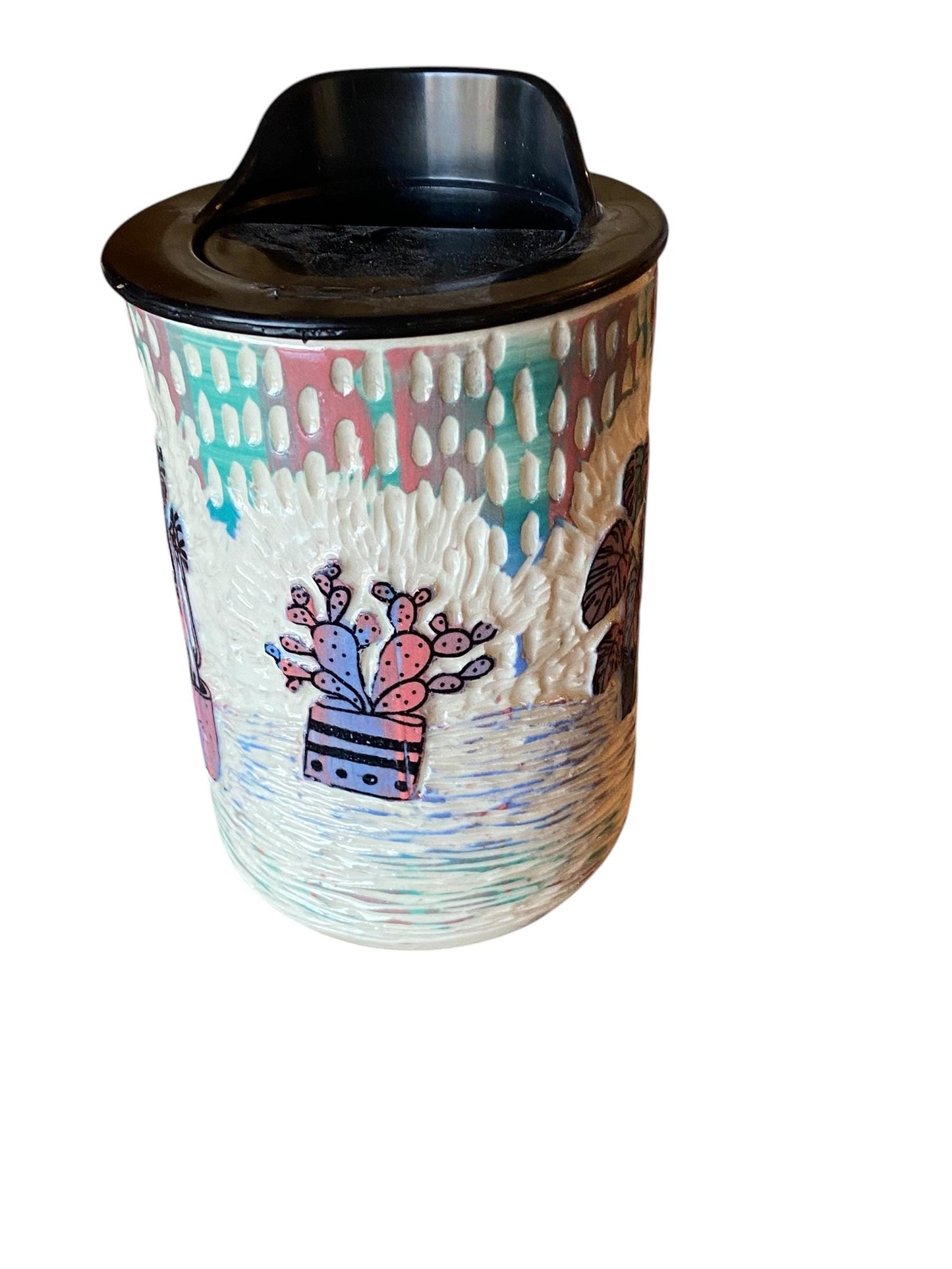 Handmade 8 Ounce Carved Cactus Themed Travel Mug - Porcelain -  Travel Coffee Cup -  Travel Mug - Pottery Mug - Coffee Mug