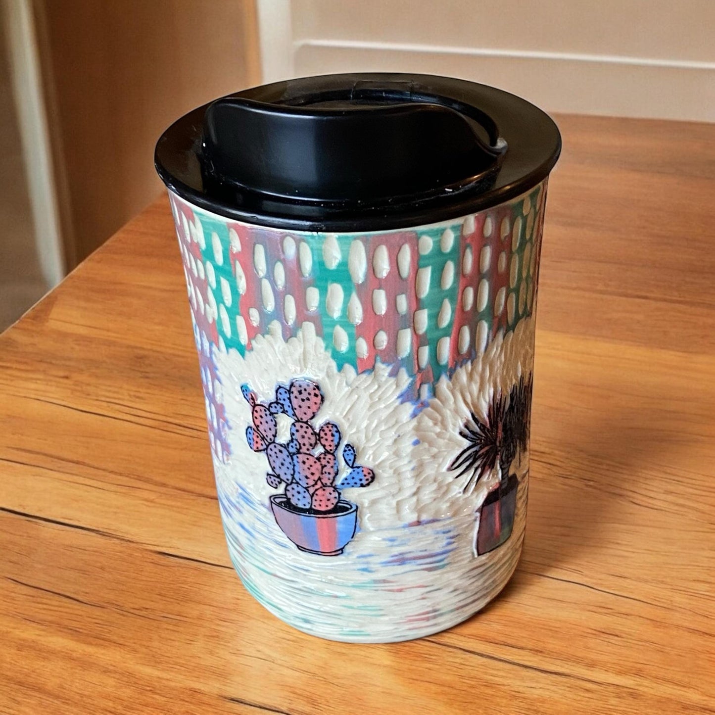 Handmade 8 Ounce Carved Cactus Themed Travel Mug - Porcelain - Travel Coffee Cup - Travel Mug - Pottery Mug - Coffee Mug
