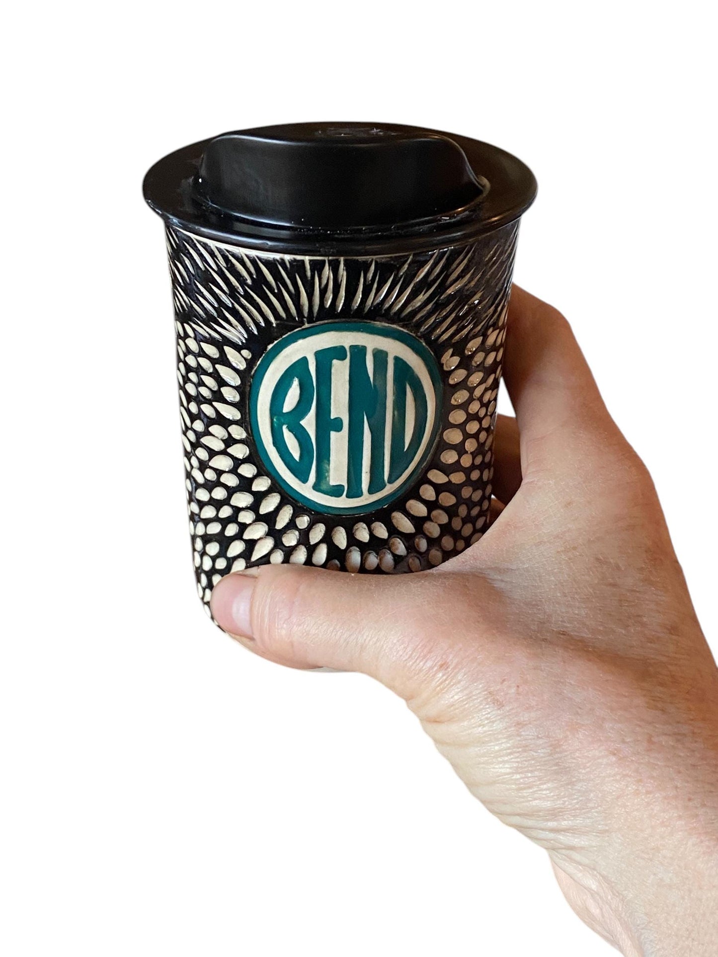 Handmade 8 Ounce Carved Bend, Oregon Logo Travel Mug - Porcelain - Travel Coffee Cup - Travel Mug - Pottery Mug - Coffee Mug