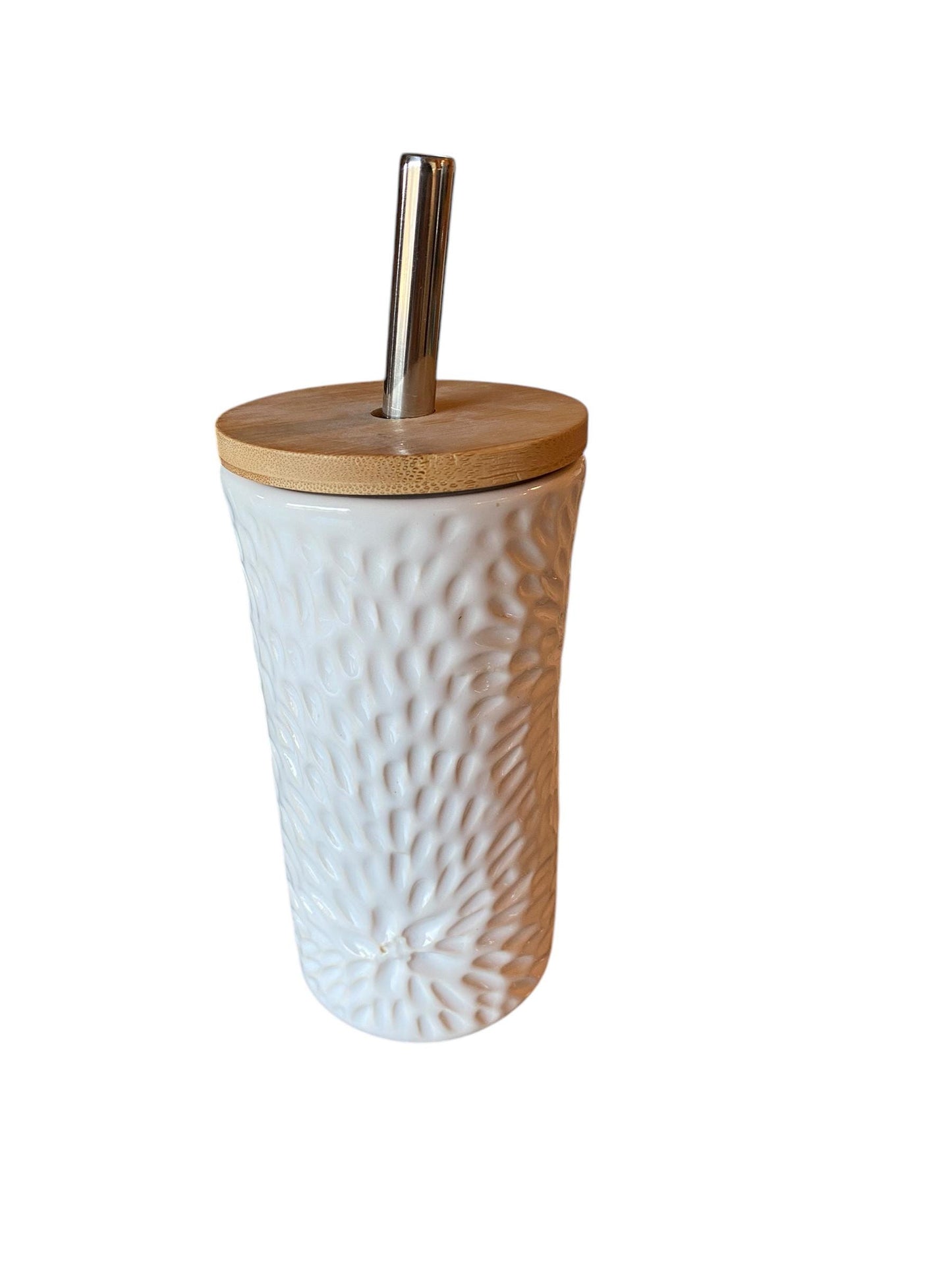 Handmade Hand Carved White Straw Travel Mug - Porcelain -  To Go Cup -  Travel Mug - Pottery Mug -  Mug