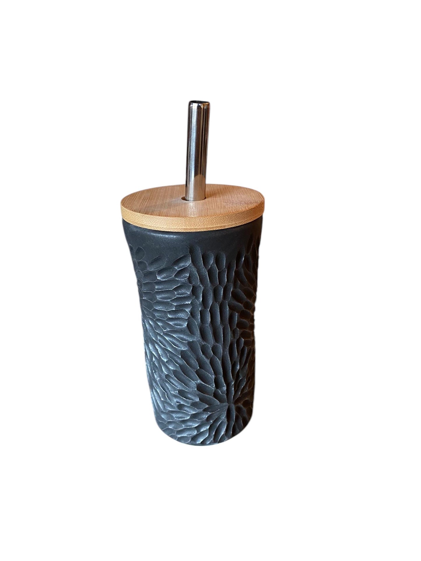 Handmade Hand Carved Black Straw Travel Mug - Porcelain -  To Go Cup -  Travel Mug - Pottery Mug -  Mug