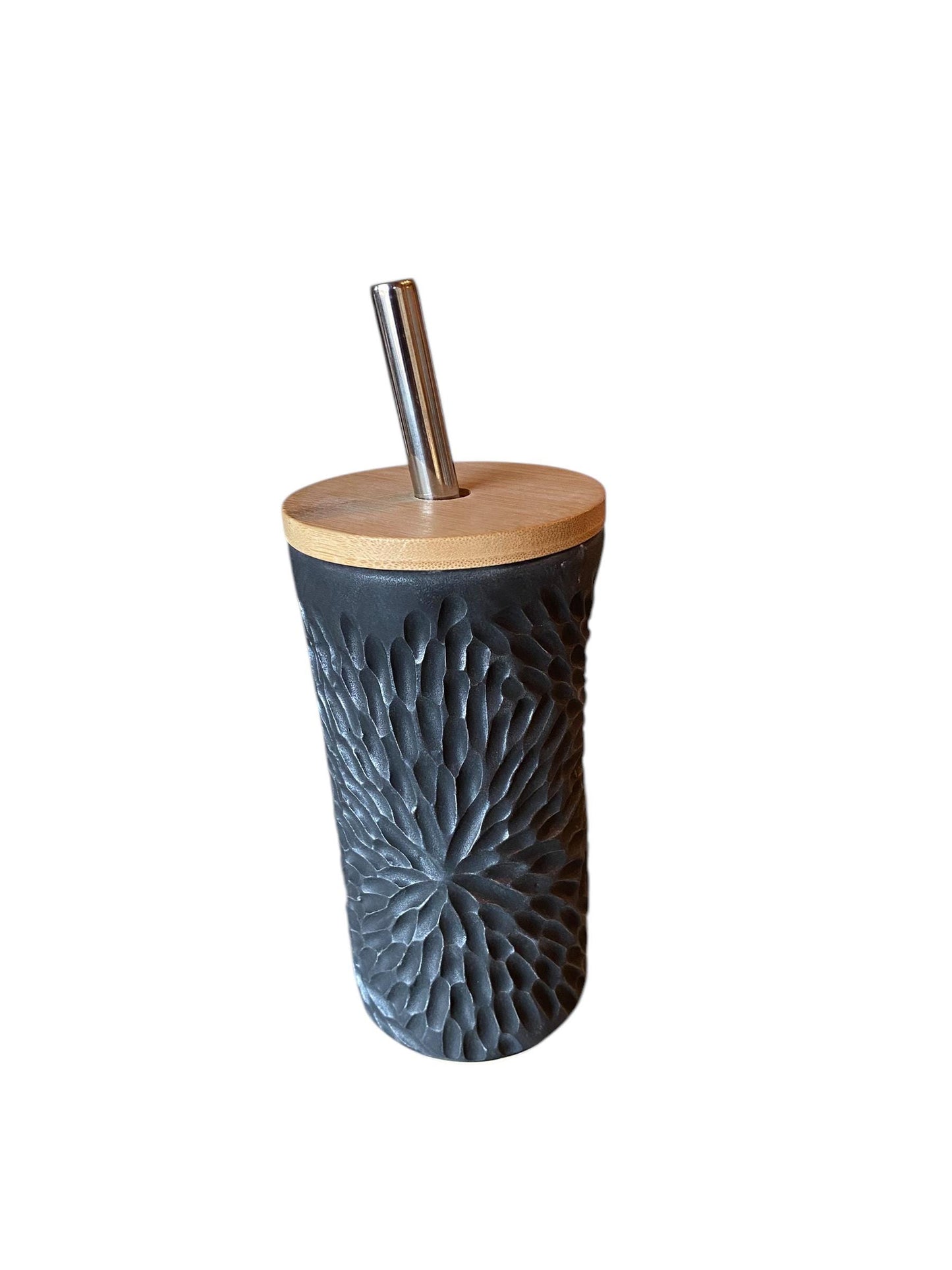 Handmade Hand Carved Black Straw Travel Mug - Porcelain -  To Go Cup -  Travel Mug - Pottery Mug -  Mug