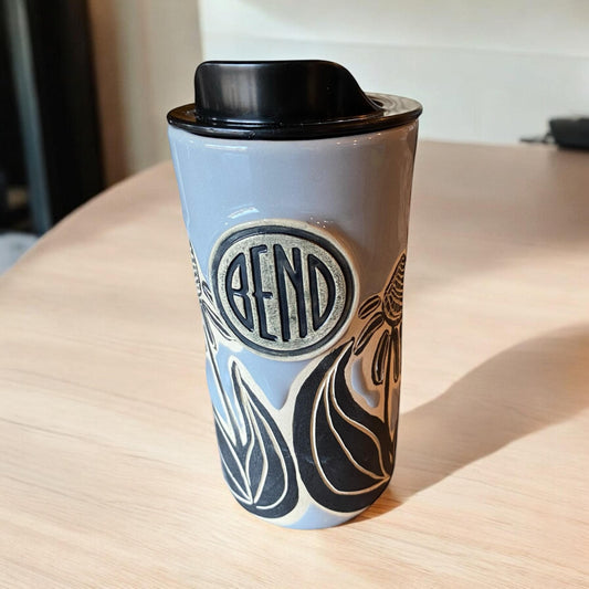 Handmade Carved Porcelain Travel Mug: Bend Logo Coffee Cup
