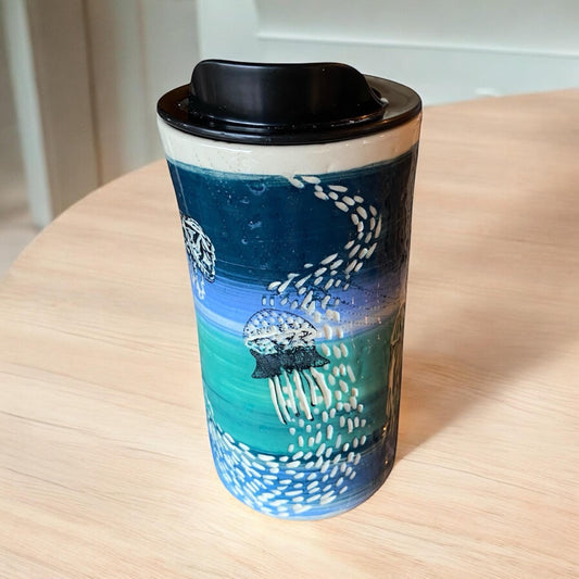 Handmade 16-Ounce Jellyfish Themed Blue and Turquoise Travel Mug - Porcelain -  Travel Coffee Cup -  Travel Mug - Pottery Mug - Coffee Mug