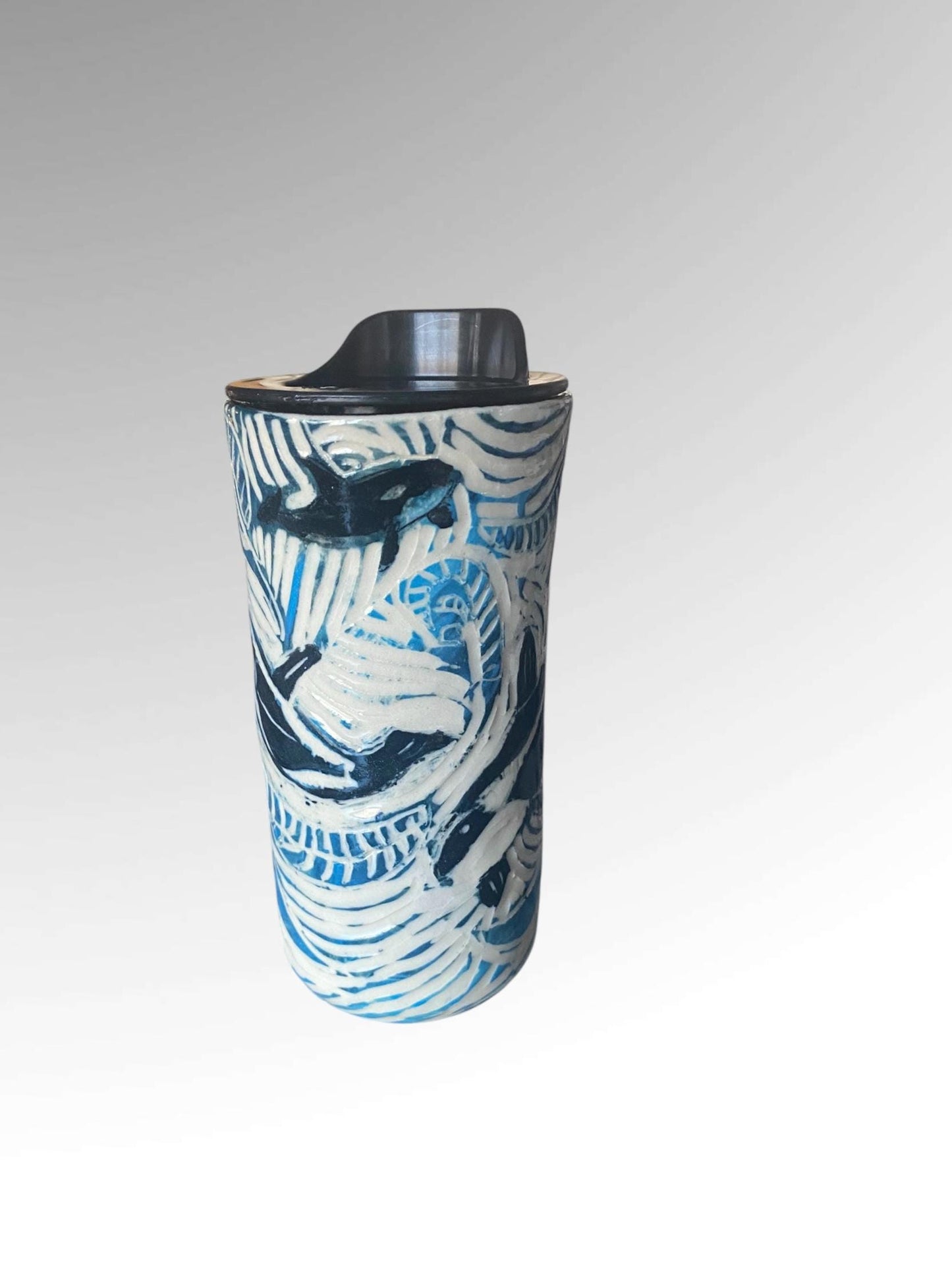 Handmade 16 Ounce Carved Whale Themed Travel Mug - Porcelain - Travel Coffee Cup - Travel Mug - Pottery Mug - Coffee Mug