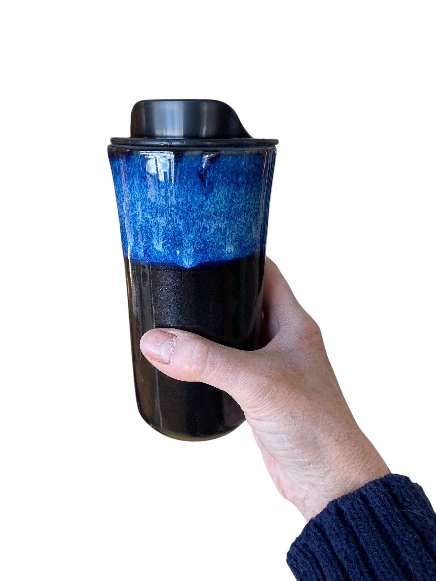 Handmade Blue and Black Waterfall Travel Mug - Porcelain - Travel Coffee Cup - Travel Mug - Pottery Mug - Coffee Mug