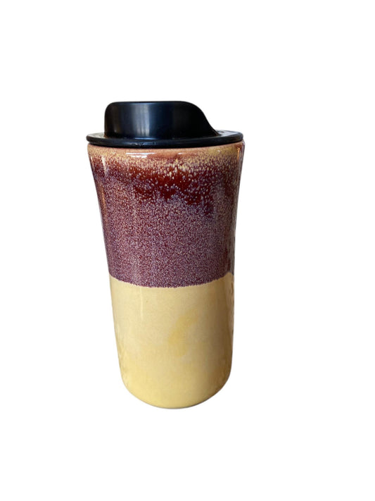 Handmade Merlot and Yellow Porcelain Travel Mug with Lid