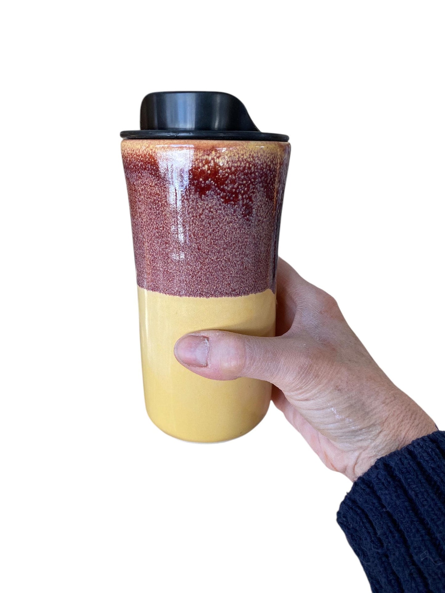 Handmade Merlot and Yellow Porcelain Travel Mug with Lid