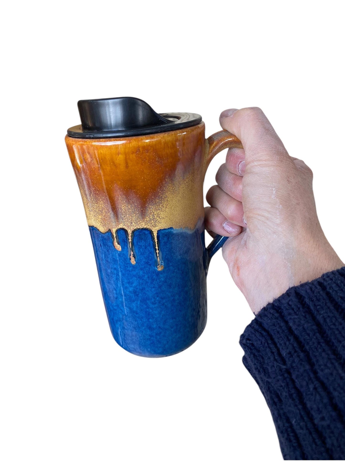 Handmade Caramel and Blue Travel Mug - Porcelain - Travel Coffee Cup - Travel Mug - Pottery Mug - Coffee Mug