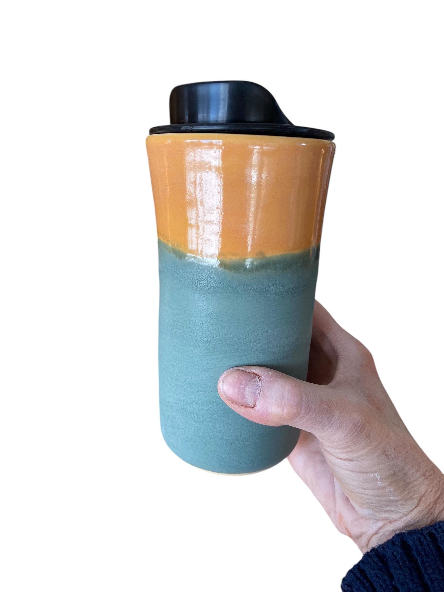 Handmade Caramel Dusty Green Matte Travel Mug - Porcelain - Travel Coffee Cup - Travel Mug - Pottery Mug - Coffee Mug