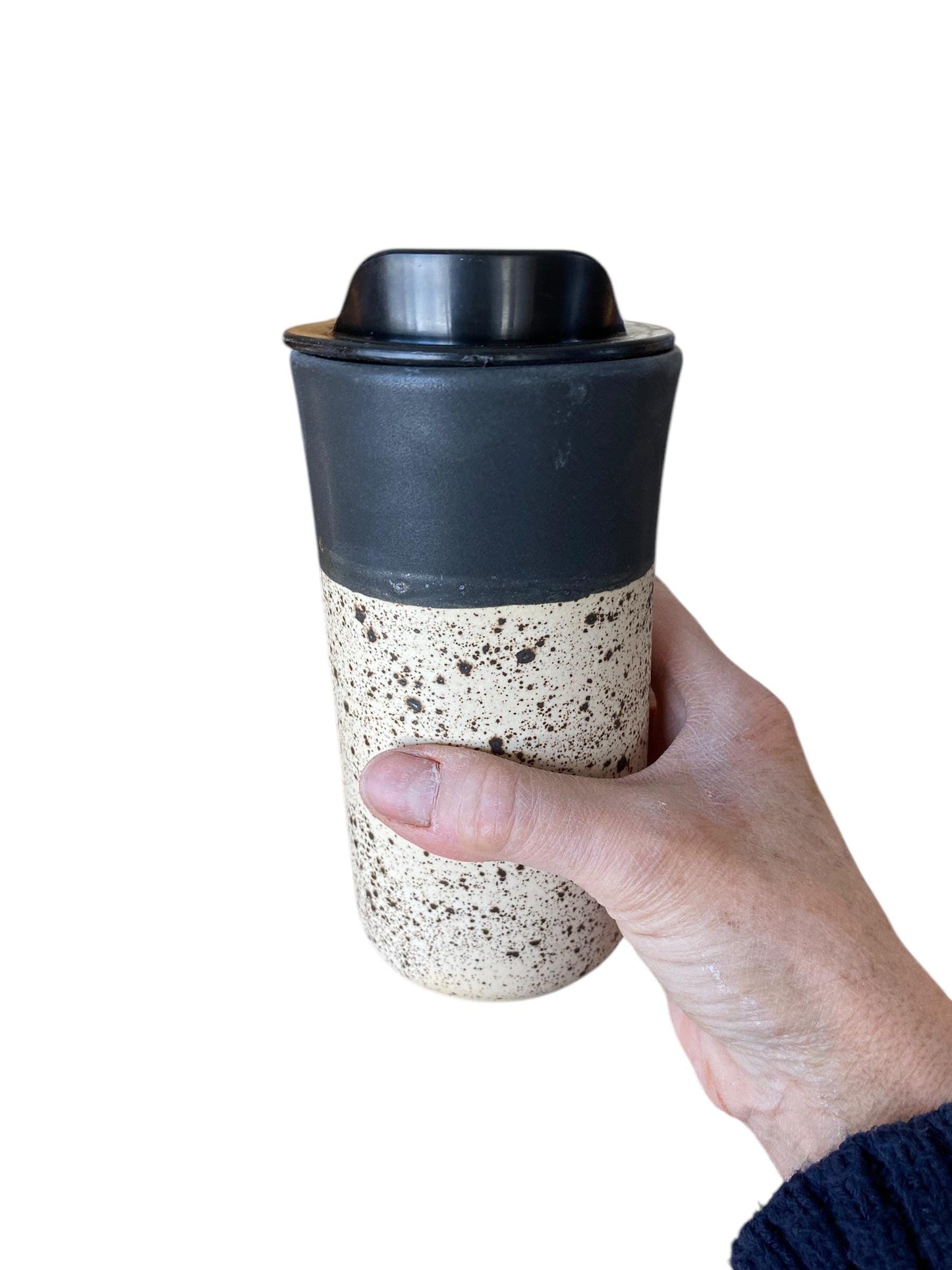 Handmade Matte Black and Speckled White Travel Mug - Porcelain - Travel Coffee Cup - Travel Mug - Pottery Mug - Coffee Mug