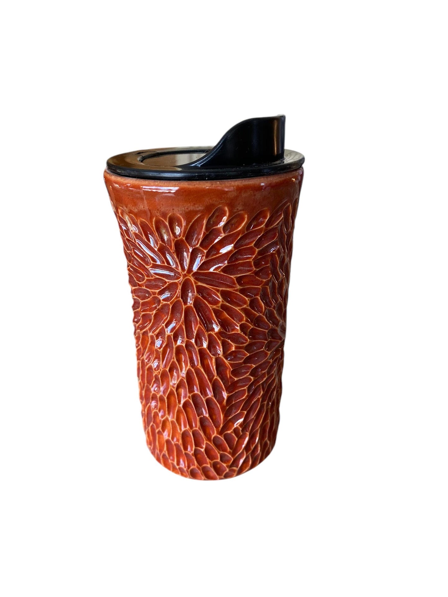 Handmade Hand Carved Burnt Orange Travel Mug - Porcelain - Travel Coffee Cup - Travel Mug - Pottery Mug - Coffee Mug