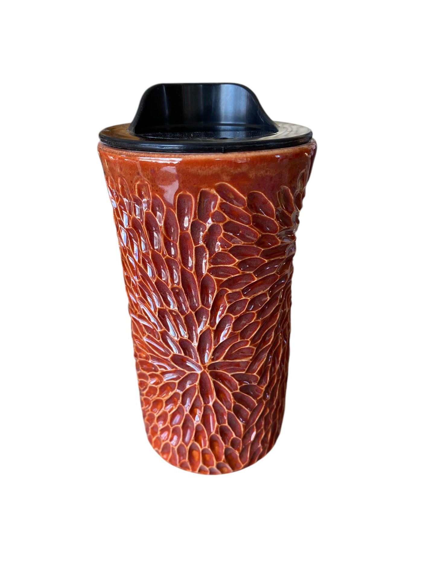 Handmade Hand Carved Burnt Orange Travel Mug - Porcelain - Travel Coffee Cup - Travel Mug - Pottery Mug - Coffee Mug