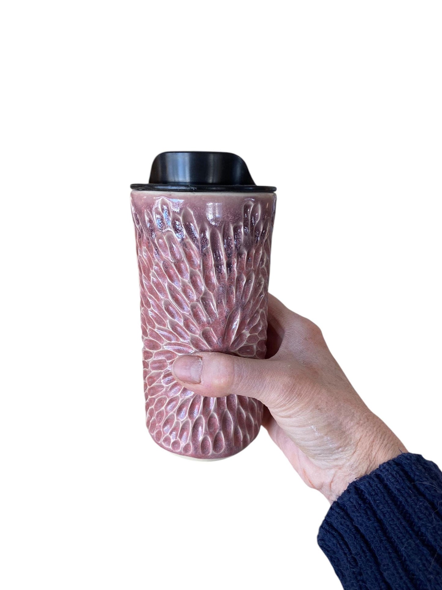 Handmade Hand Carved Merlot Travel Mug - Porcelain - Travel Coffee Cup - Travel Mug - Pottery Mug - Coffee Mug