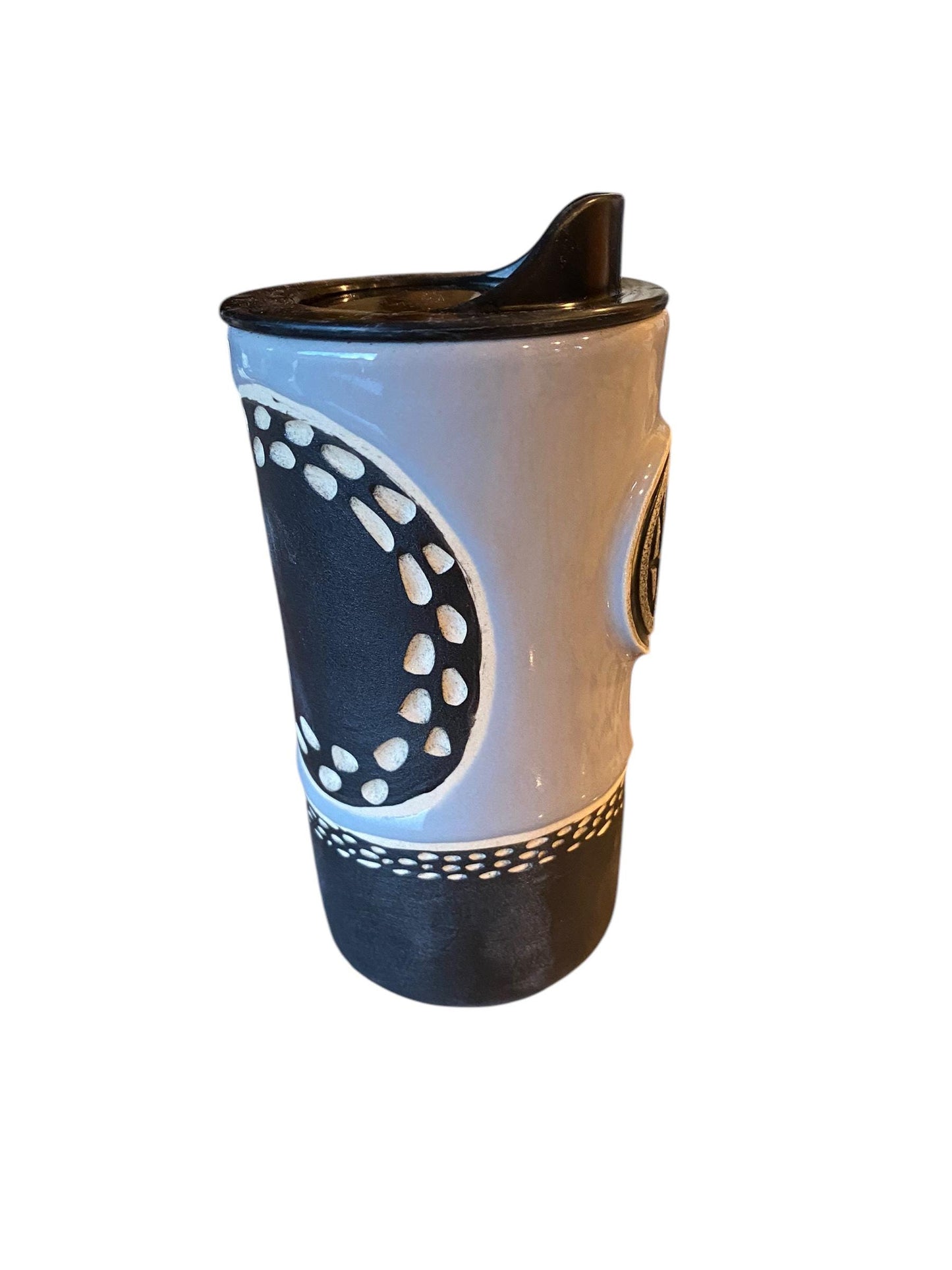 Artisanal Carved Bend Logo Porcelain Travel Mug - Handmade Pottery Cup for Commuters