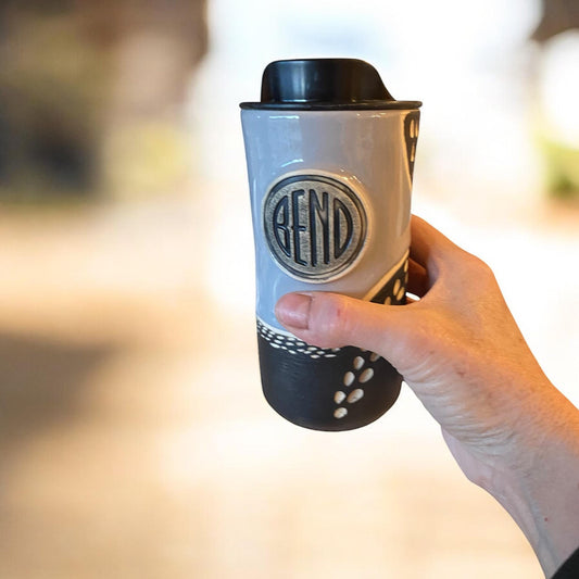 Handmade Carved Bend Logo Travel Mug - Porcelain -  Travel Coffee Cup -  Travel Mug - Pottery Mug - Coffee Mug
