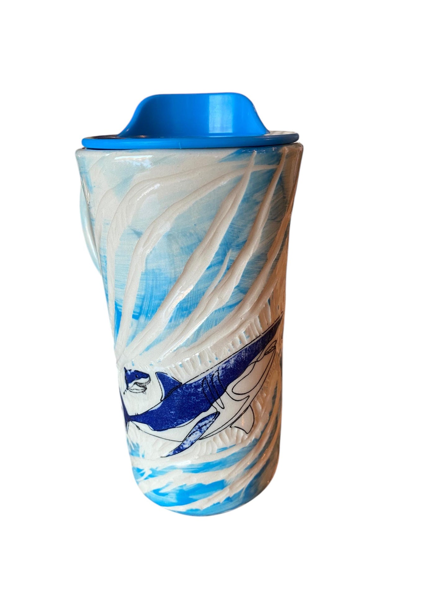 Handmade 16 Ounce Carved Shark Themed Travel Mug - Porcelain - Travel Coffee Cup - Travel Mug - Pottery Mug - Coffee Mug