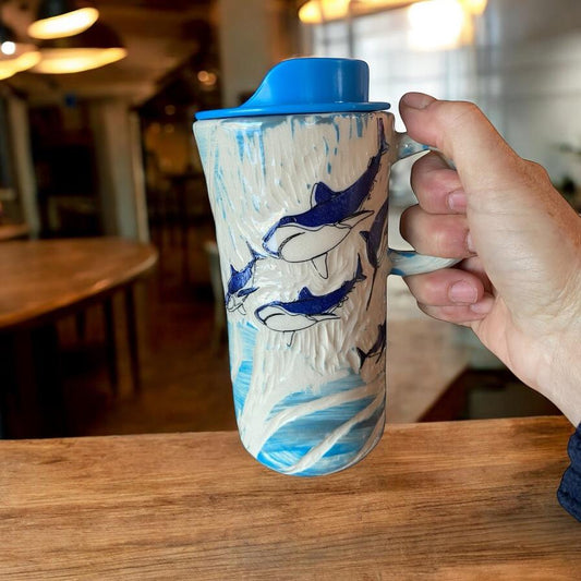 Handmade 16 Ounce Carved Shark Themed Travel Mug - Porcelain -  Travel Coffee Cup -  Travel Mug - Pottery Mug - Coffee Mug